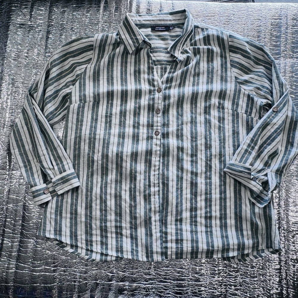 Unique Spectrum Mlle Gabrielle Linen Blend Striped Button Front Shirt 1X Green
